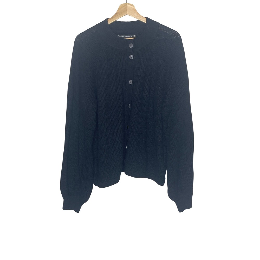 Gudrun Sjoden Black Alpaca Cotton Blend Ribbed Balloon Sleeve Cardigan XL